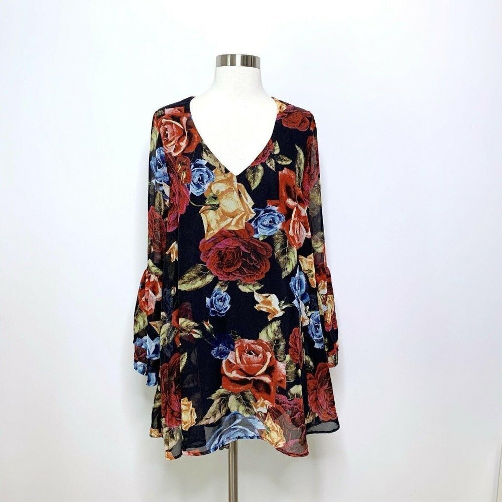 Show Me Your Mumu Dress XS Nolita Mini V Neck Long Bell Sleeve Floral Bloom